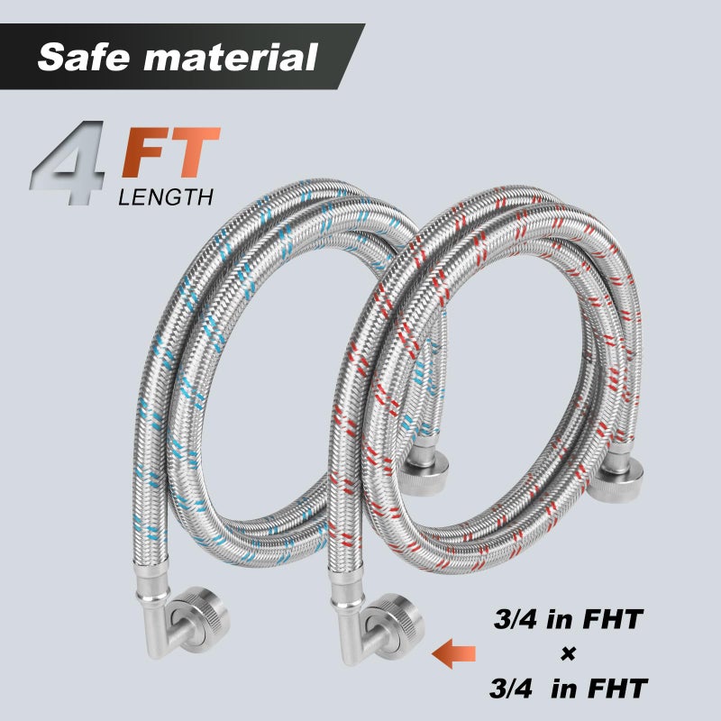 KEOKLE Premium Stainless Steel Washing Machine Hoses With 90 Degree Elbow Universal Fit to All Hot and Cold Water Supply for Washing Machines (2 Pack) -5 Years Quality Assurance (4 FT ELBOW) - Image 2